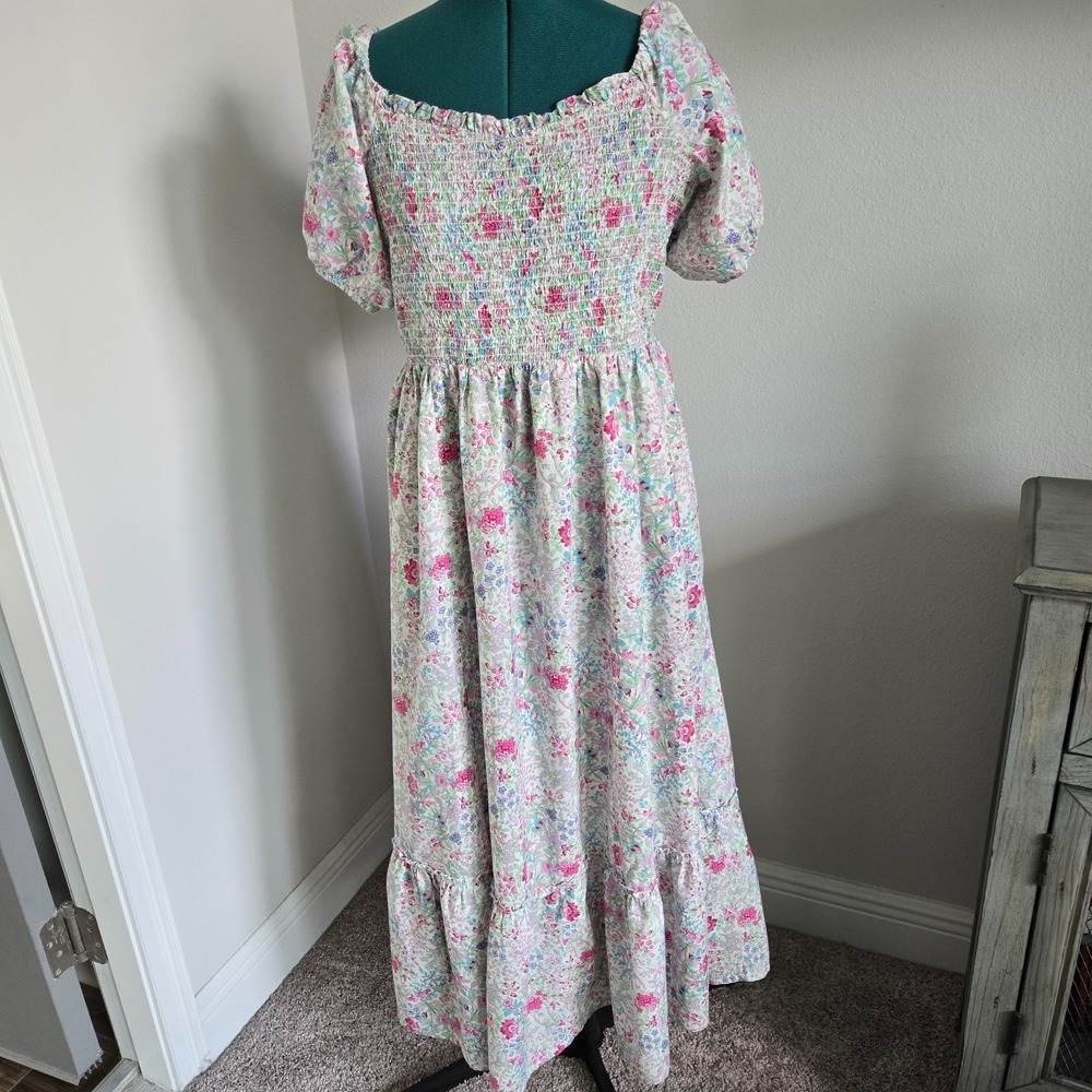 April Cornell Long Dress Women M Multicolor Floral Smocked Puff Sleeve Ruffle